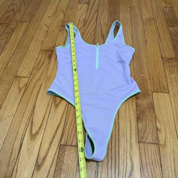 Alo Yoga Supernova Purple Thong Bodysuit Green Trim Zipper - Picture 8 of 8